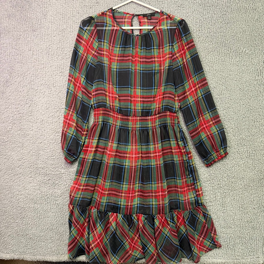 J.Crew Women's Size ST Small Tall Plaid Smocked Ruffle Keyhole Mini Dress
